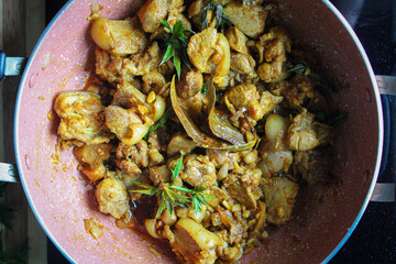 Pork curry. Dry pork curry cooking  with spices and herbs.