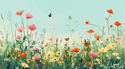 4. Lively vector art of a meadow ecosystem in equilibrium, highlighting an array of blooming flowers, various grasses, and small creatures such as bees, butterflies, and birds, illustrating the