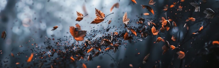 A captivating scene of autumn leaves swirling through the air, set against a blurred, cool-toned background, capturing the essence of fall. Wide web banner.