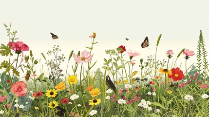 4. Lively vector art of a meadow ecosystem in equilibrium, highlighting an array of blooming flowers, various grasses, and small creatures such as bees, butterflies, and birds, illustrating the