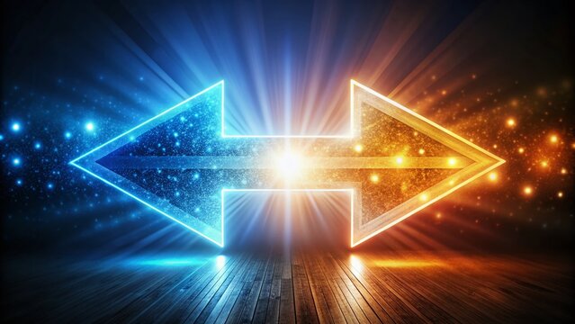 A futuristic arrow shape splits into two directions, one pointing forward with bright lights and the other backward with dull shadows, symbolizing progress and nostalgia.