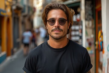 Obraz premium Model T-Shirt Mockup, man wearing black t-shirt and sunglasses on street blurred background, Shirt Mockup Template design print