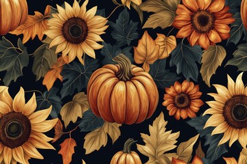 Fototapeta premium Lovely hand drawn Thanksgiving seamless pattern with pumpkins and sunflowers, great