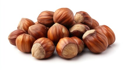Fototapeta premium A small pile of fresh whole hazelnuts in their brown shells isolated on a clean white background.