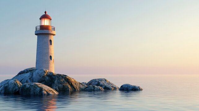 A lone lighthouse stands tall on a rocky outcrop, its beacon shining brightly against the backdrop of a serene sunset.