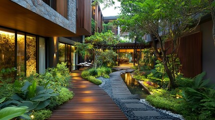 Obraz premium Modern hotel with beautiful garden inside,Eco-friendly. 