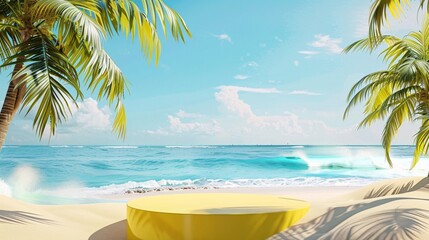 Fototapeta premium 1. Bright and vibrant summer sale poster with a yellow product display podium in the foreground, set against a tropical beach scene with palm trees, clear blue skies, and gentle ocean waves