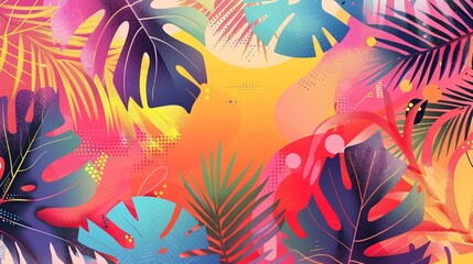 Fototapeta premium 5. Engaging Hello Summer concept featuring a mix of abstract illustrations and exotic forest leaves, enhanced by a spectrum of bright colors and eye-catching summer banners