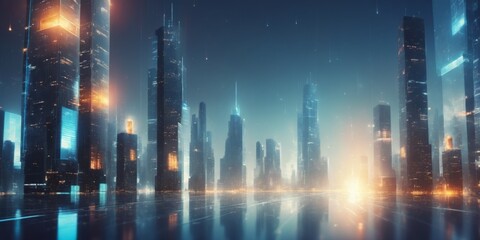 Futuristic cityscape at night with bright lights, deep blue sky,