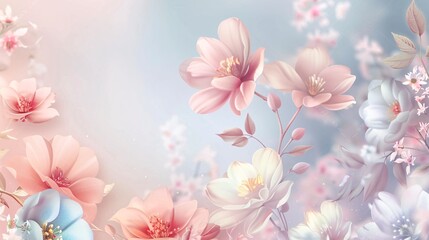 Fototapeta premium 1. Elegant template design banner for spring season sale featuring a beautifully illustrated array of blooming flowers in soft pastel colors, set against a light, airy background with gentle gradients