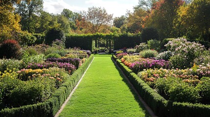Obraz premium A well-manicured garden showcases symmetrical rows of flowers and shrubs, embodying the concept of orderly horticultural design. 