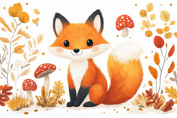 Atumn style wallpaper, white background with bright yellow decoration and large blank space in the center for text, Atumn patterns such as leaflets and mushroom , featured fox