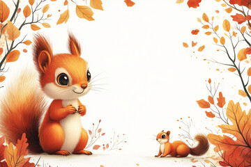 Atumn style wallpaper, white background with bright yellow decoration and large blank space in the center for text, Atumn patterns such as leaflets and squirrel.