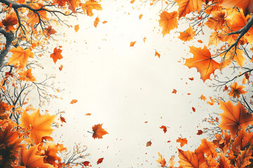 Atumn style wallpaper, white background with bright yellow decoration and large blank space in the center for text, Atumn patterns such as leaflets and mapple tree on both sides of the frame