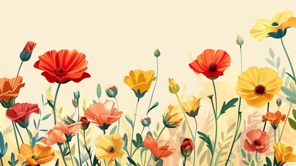 Fototapeta premium 5. Graceful template design banner for spring season sale, featuring a stunning collection of flower illustrations in vibrant colors, overlaid on a serene and light-filled background