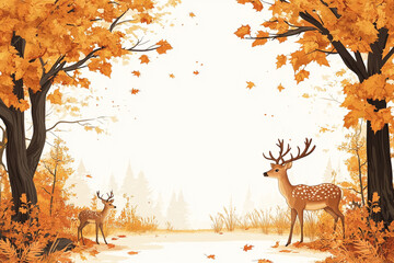 Atumn style wallpaper, white background with bright yellow decoration and large blank space in the center for text, Atumn patterns such as mapple tree and deer on both sides of the frame