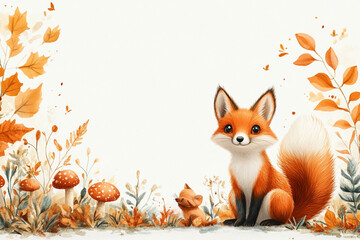 Atumn style wallpaper, white background with bright yellow decoration and large blank space in the center for text, Atumn patterns such as leaflets and mushroom , featured fox