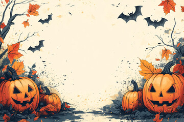 Halloween style wallpaper, white background with bright yellow decoration and large blank space in the center for text