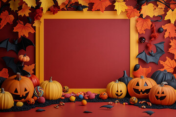 halloween background with pumpkins, dark red background with bright yellow decoration and large blank space in the center for text