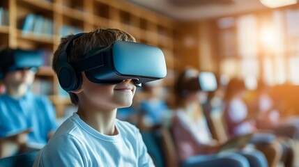 Young Boy Wearing VR Headset in Classroom