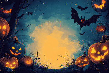 Halloween style wallpaper, blue background with bright yellow decoration and large blank space in the center for text, Halloween patterns such as pumpkins and bats on both sides of the frame