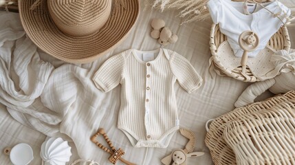 4. Baby romper mockup in an apparel flatlay setup, laid on a soft fabric background, enhanced with baby accessories such as a rattle, headband, and tiny mittens, with careful attention to lighting