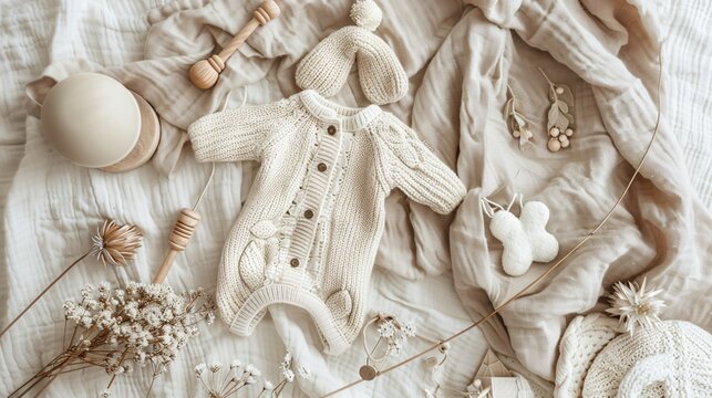 4. Baby romper mockup in an apparel flatlay setup, laid on a soft fabric background, enhanced with baby accessories such as a rattle, headband, and tiny mittens, with careful attention to lighting