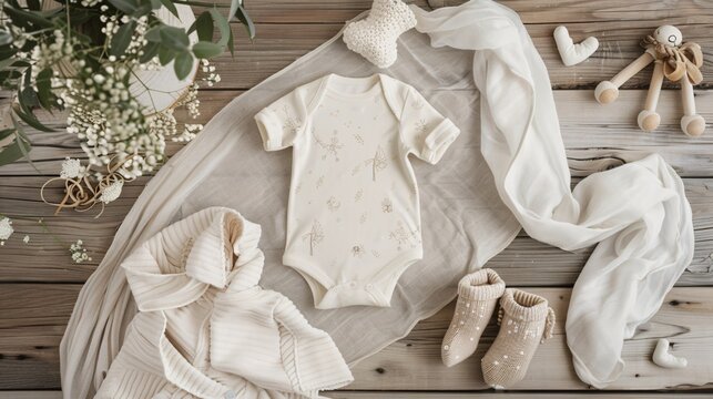 5. Detailed flatlay presentation of a baby romper mockup, set on a wooden background, surrounded by coordinated baby items like a blanket, booties, and a soft toy, creating a warm and appealing visual