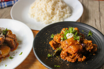 Pork curry. Dry pork curry cooking  with spices and herbs.