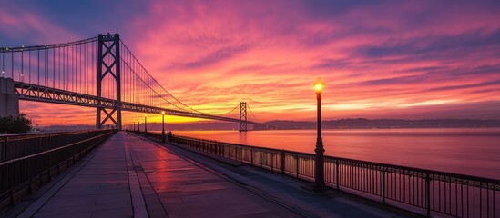 Bridge Over Water with Pink Sunset and Walkway