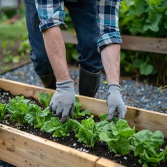 4. Gardener in blue plaid shirt, dark pants, and black rubber boots, hands in gray gloves, working on lettuce plants in a raised wooden bed, gravel ground, organic farming, fresh green vegetables,