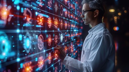 An engineer crafting sophisticated algorithms on a large digital screen in a cutting-edge laboratory, highlighting the role of advanced computational techniques in modern science.
