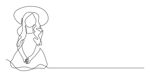 continuous line of little girl wearing a hat.one line drawing of young woman sitting and wearing a garden hat.enjoying holidays.single line vector illustration