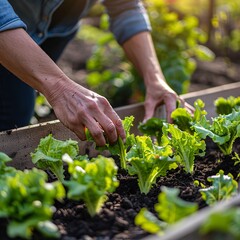 Fototapeta premium 2. Close-up of hands in a dark blue shirt tending to young lettuce plants, raised garden bed, fresh green leaves, organic farming, soil-filled planter boxes, warm sunlight glow, urban gardening,