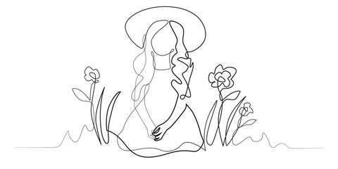 continuous line of little girl sitting in the park.one line drawing of young woman sitting,wearing hat with garden flowers.enjoying holidays.single line vector illustration