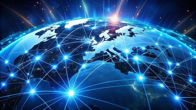 A futuristic global network illustration with glowing blue wires and circuits connecting nodes, representing the complex infrastructure of the modern internet.