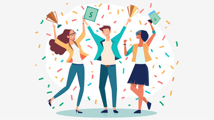 Four coworkers in a celebratory pose, holding an award or certificate , four vector people posing, minimalism