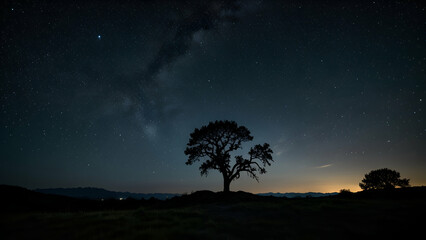 Silhouetted Landscape with Starry SkyCapture a silhouetted landscape beneath a starry sky. 