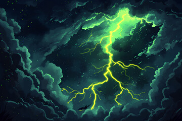 Fototapeta premium Green lightning strikes on a black background, dark clouds in the sky