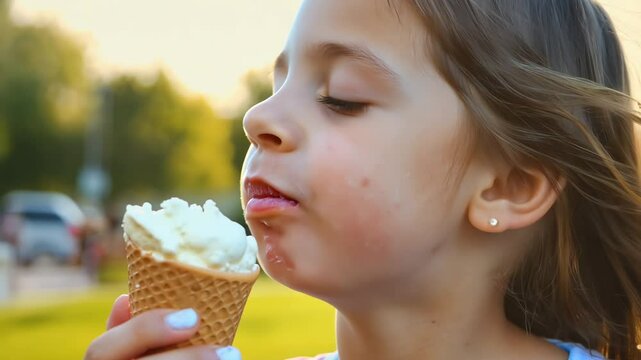 A joyful young girl takes a big bite out of her ice cream cone while enjoying a sunny day at the park, radiating happiness