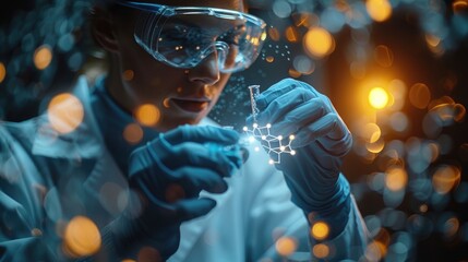 A scientist wearing safety goggles and gloves meticulously working on a molecular structure model, symbolizing dedication, precision, and the pursuit of scientific advancement.