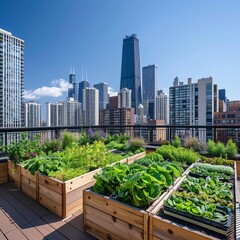 Fototapeta premium 5. Urban rooftop garden with diverse crops, lush green vegetable plants, raised planter boxes, city skyline in background, sustainable agriculture, leafy greens, modern buildings, sunny day, clear