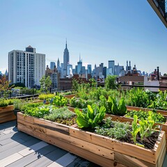 Fototapeta premium 5. Urban rooftop garden with diverse crops, lush green vegetable plants, raised planter boxes, city skyline in background, sustainable agriculture, leafy greens, modern buildings, sunny day, clear
