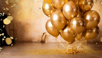 Festive background with gold balloons and scattered golden confetti. Premium background for a festive birthday celebration.