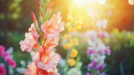 Vibrant Gladiolus Flower Blooming in Lush Garden Setting - Beautiful Garden Landscape Photography