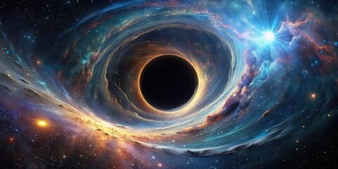 A mesmerizing image of a black hole swallowing light and matter in a vast cosmic landscape, Space