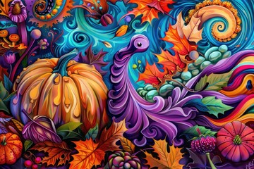psychedelic - style illustration with vibrant colors, swirling patterns, and abstract shapes representing Thanksgiving themes