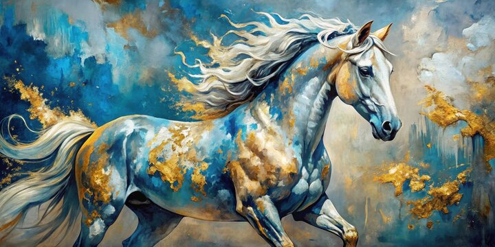 Abstract painting of majestic horse with gold leaf accents and blue, silver, and gold tones, horse, abstract, painting, oil