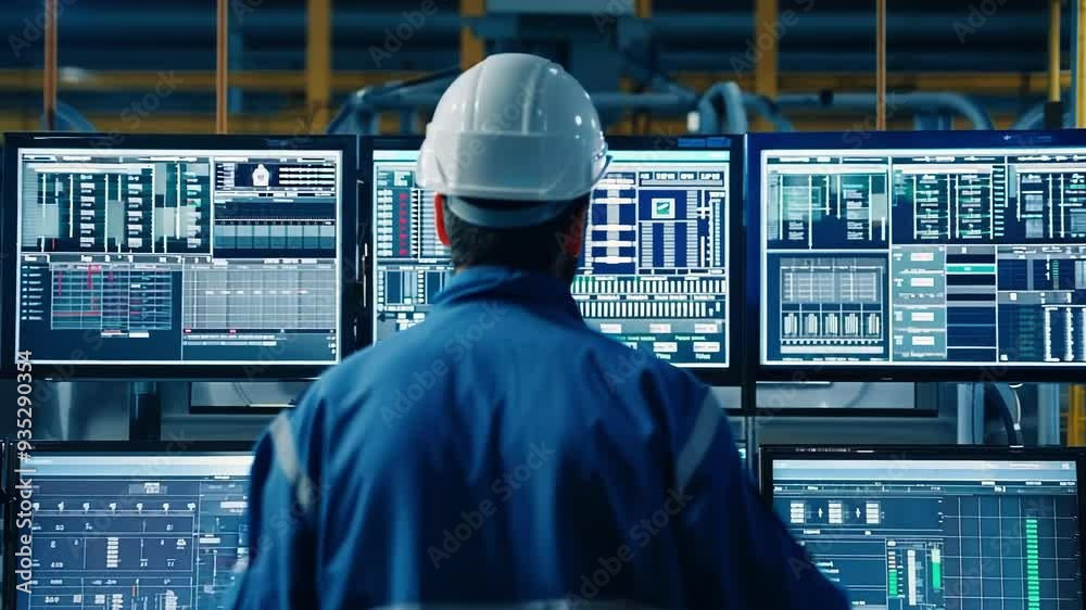 Poster industrial engineer wearing a hardhat is analyzing data displayed on multiple screens in a factory c
