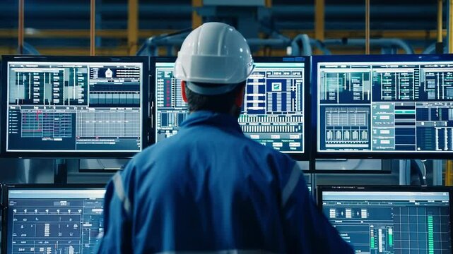 Industrial engineer wearing a hardhat is analyzing data displayed on multiple screens in a factory control room. He is controlling the production process and ensuring its efficiency